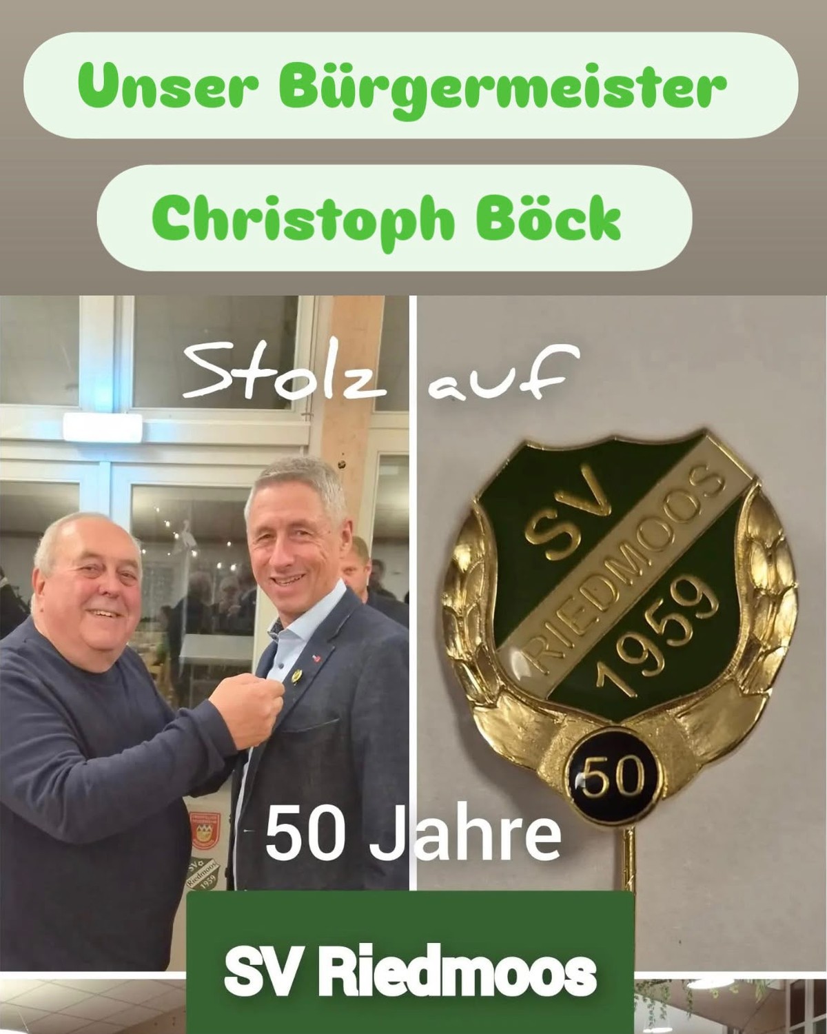 Bürgermeister Christoph Böck erhält die goldene Vereinsnadel für 50 Jahre Mitgliedschaft im SV Riedmoos